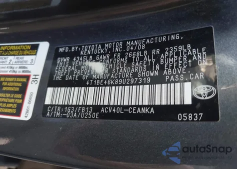 2009 Toyota Camry Le z USA, uszkodzony, nr VIN 4T1BE46K89U297319